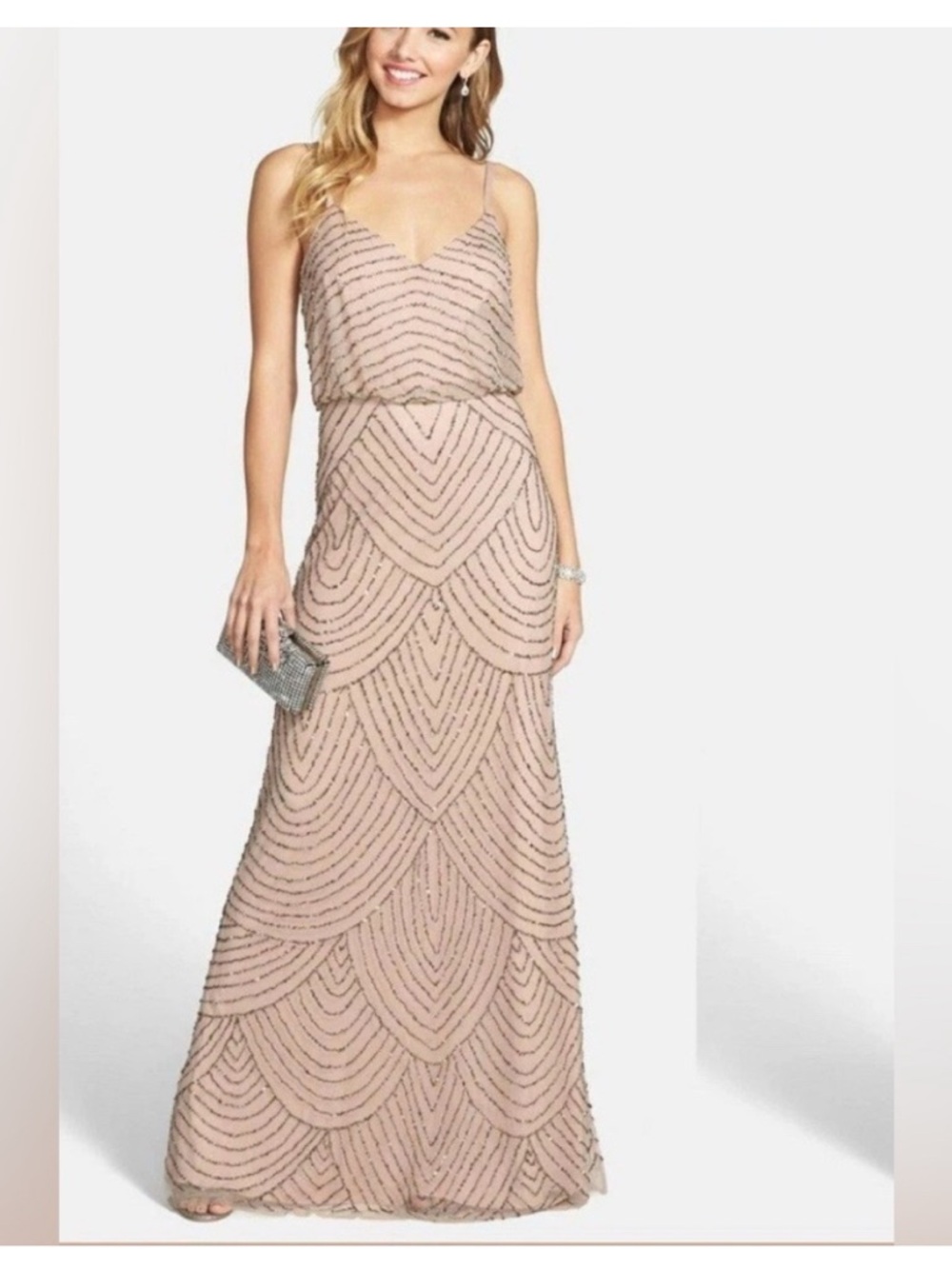 Adrianna Papell Beaded Art Deco Gown SZ 14 Blush Champagne Formal Maxi Dress NWT